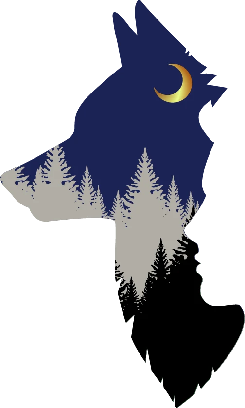 Silhouette d’un loup sous la lune et les étoiles, emblème de LunaWaya