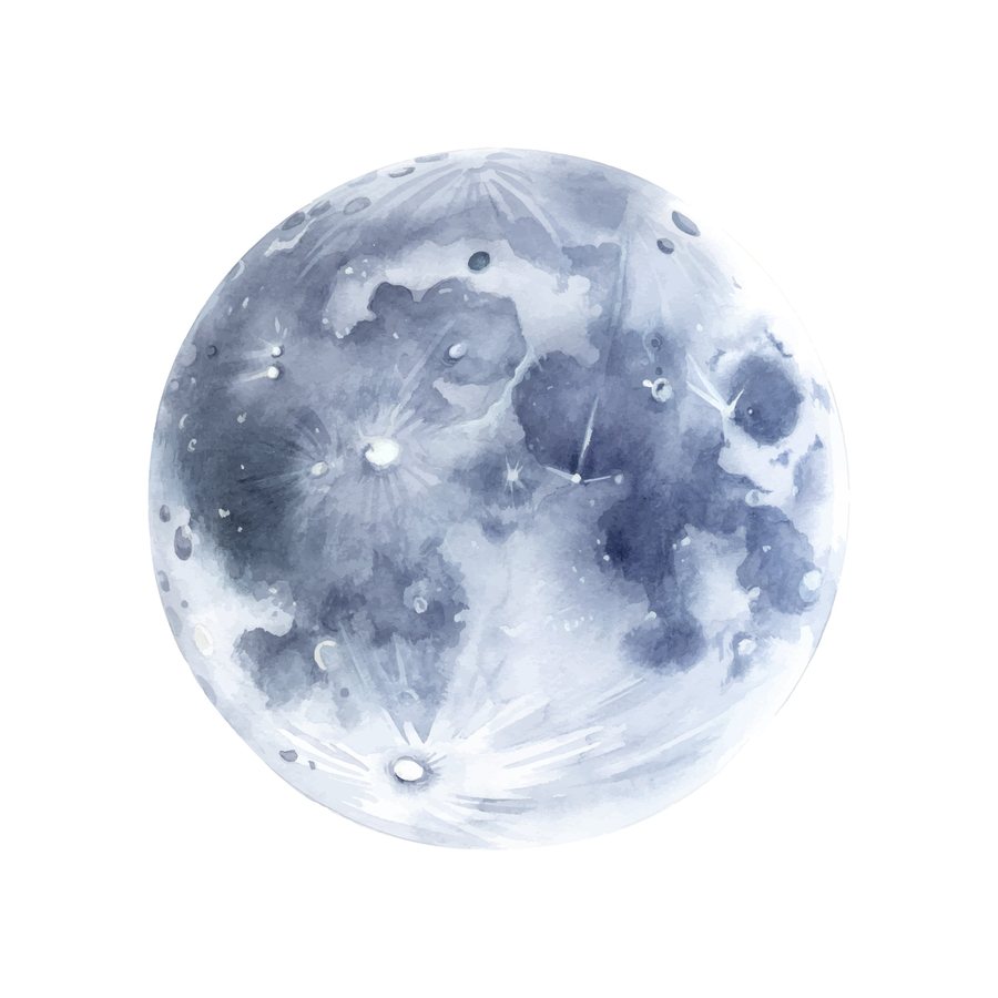 Lune dessinée à l’aquarelle, en gris-bleu